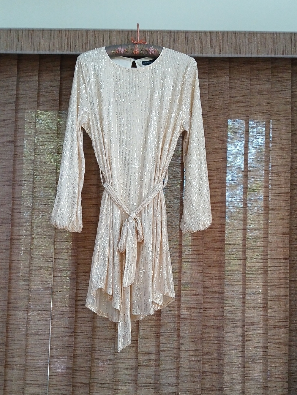 Zanzea Champagne Sequin High-Low Tie-Waist Dress with Long Sleeves